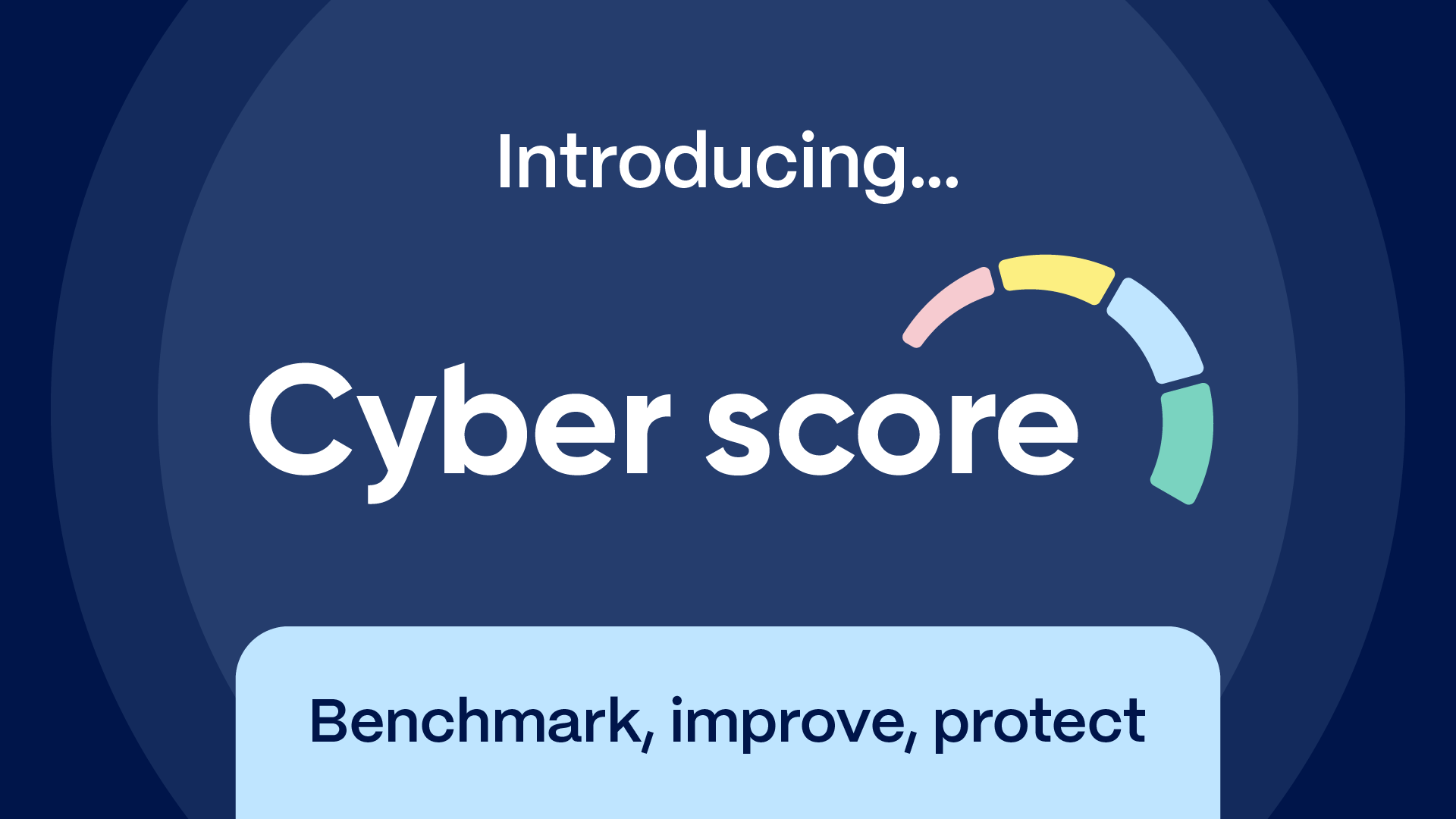 A circular graphic with colored segments illustrates the title 'Introducing... Cyber score', with the tagline 'Benchmark, improve, protect'.